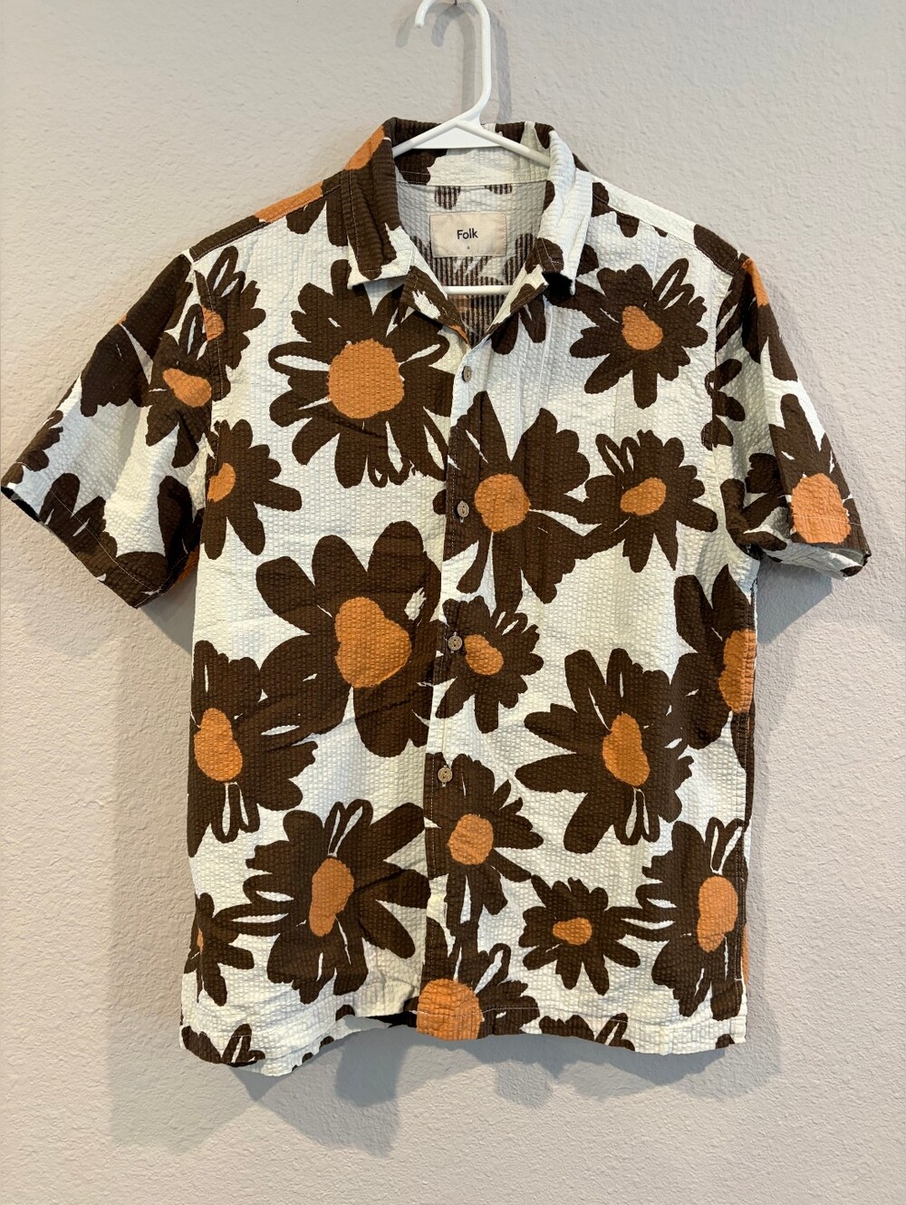FOLK Mens Brown‎ Orange Cream AOP Floral Ribbed Cotton Short Sleeve Button Up S